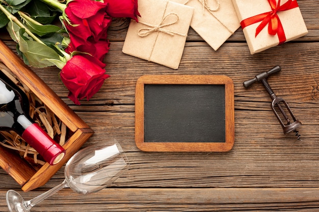 Assortment for valentines day dinner with empty blackboard