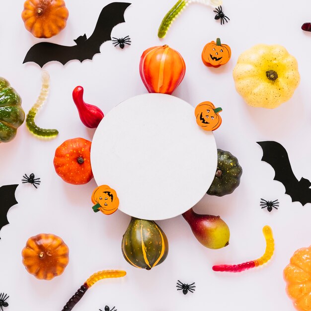 Assortment of vegetables and Halloween decorations 
