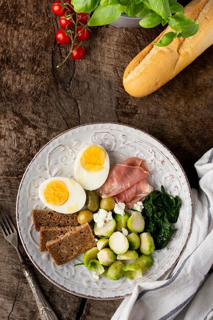 Assortment of veggies and egg top view