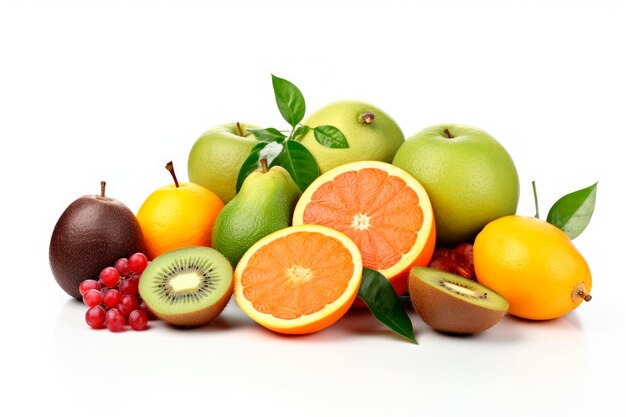 Assortment of winter fruits such as avocado tangerines kiwi lemon oranges and persimmons in a fruit isolated on white background