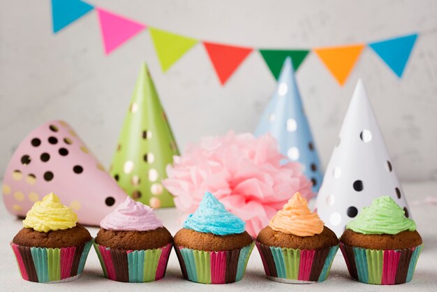 Assortment with colorful glaze and muffins