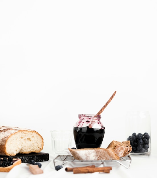 Assortment with delicious jam and bread