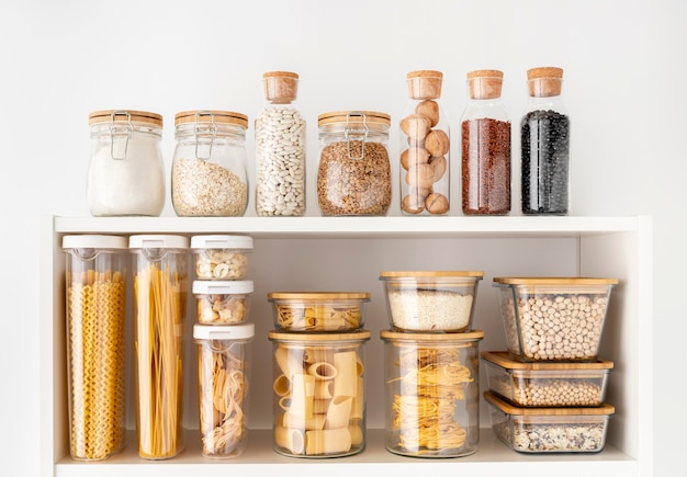 Assortment with food containers on shelves