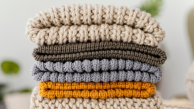 Assortment with knitted clothes close-up