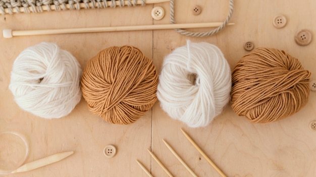 Assortment with knitting tools above view