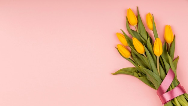 Assortment of yellow tulips with copy space