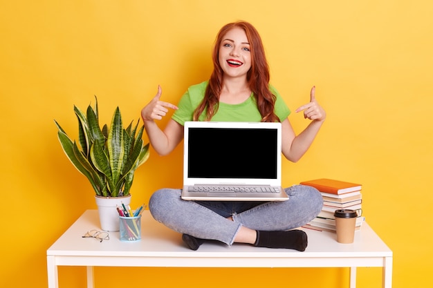 Free photo astonished excited female with lap top on knees, showing blank screen and pointing at it with index fingers