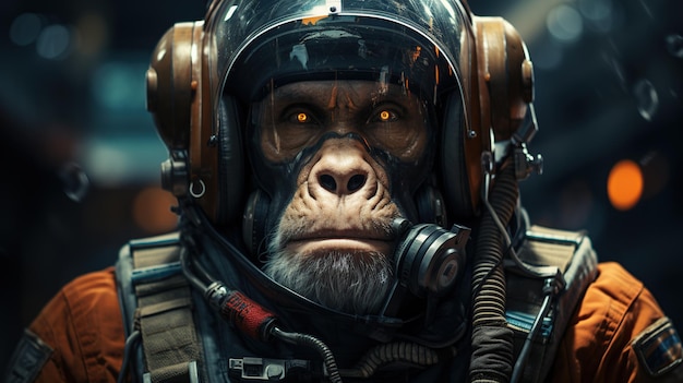 Free photo astronaut in an aviator suit with headphones and a monkey head