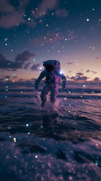 宇宙飛行士が海にダイビングする
