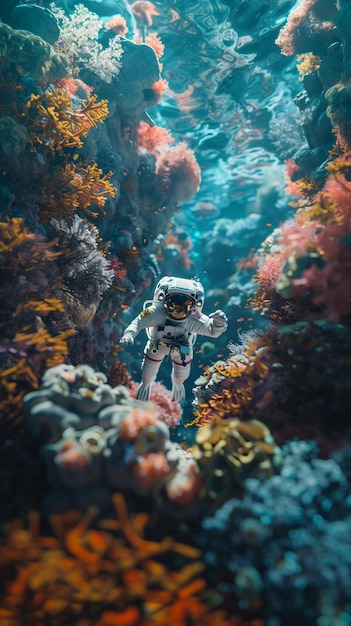 Free photo astronaut  diving in the ocean