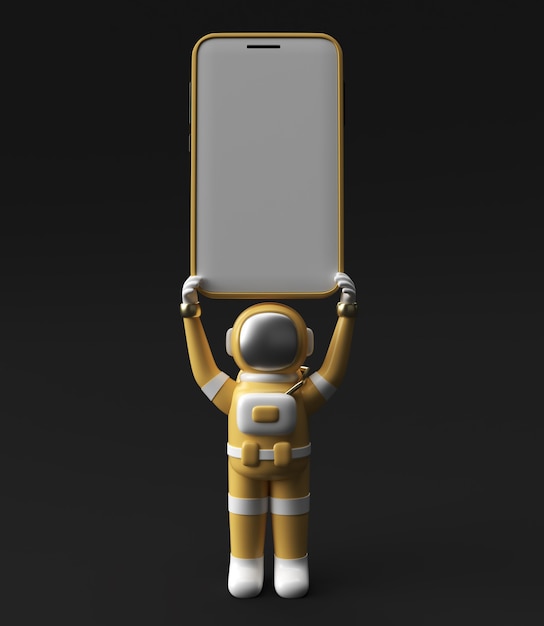 Free photo astronaut holding smartphone blank screen template. abstract trendy fashionable mockup. 3d rendering of blank phone mobile app.