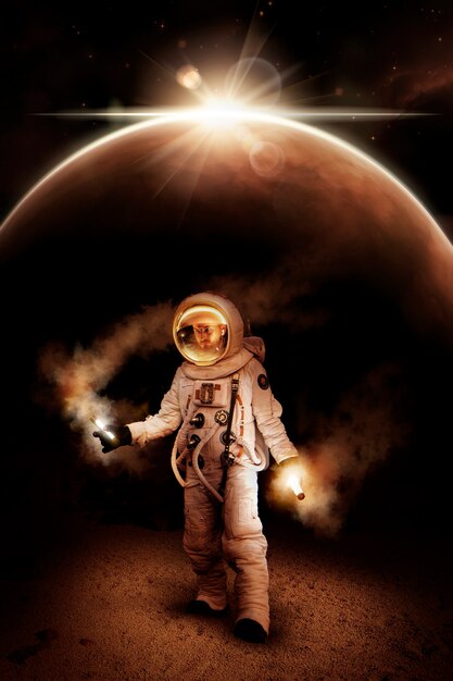 霧のキャニスターと宇宙服を着た宇宙飛行士
