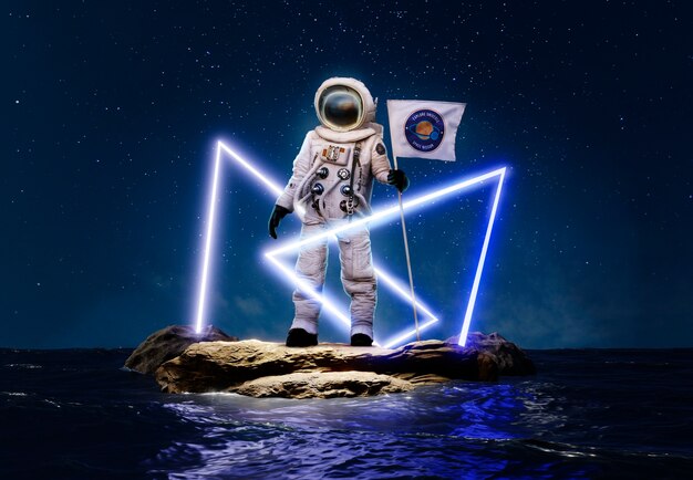 Astronaut in space suit with neon lights and flag