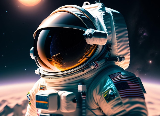 An astronaut in a space suit with a reflection of the sun on the glass.