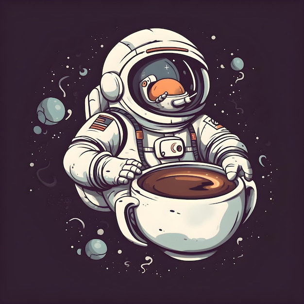 무료 사진 손에 커피 컵을 들고 있는 우주 비행사  ⁇ 터 일러스트레이션