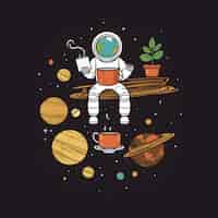 Free photo astronaut with cup of coffee and planets vector illustration