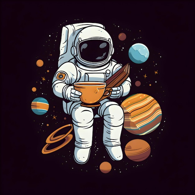 Астронавт с чашечкой кофе Векторная иллюстрация на темном фоне