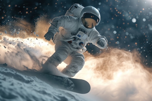 Астронавт в космическом костюме тренируется на сноуборде на Луне