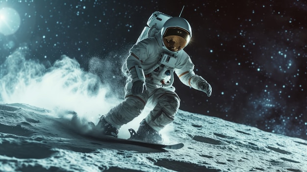 Foto gratuita astronauta con tuta spaziale che si esercita a fare snowboard sulla luna