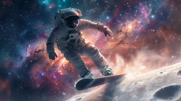 Free photo astronaut with spacesuit on practicing snowboarding on the moon