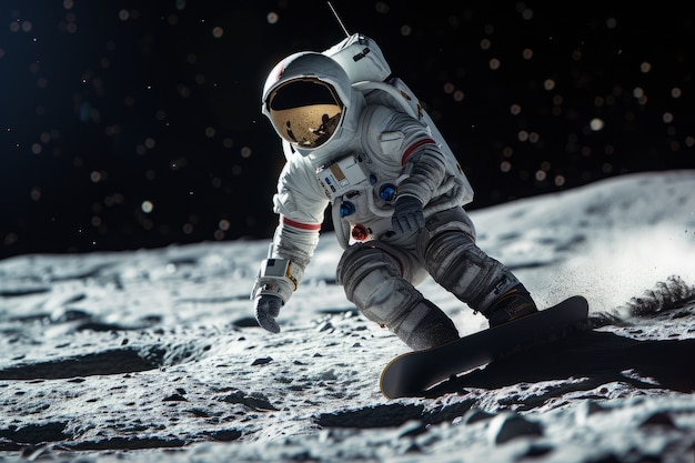 Free photo astronaut with spacesuit on practicing snowboarding on the moon