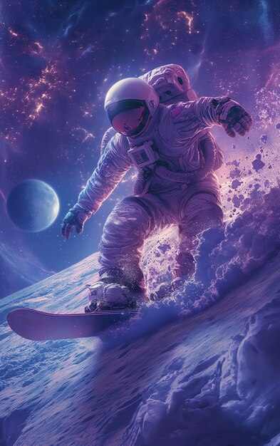 Astronaut with spacesuit on practicing snowboarding on the moon