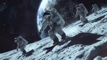 Free photo astronauts with spacesuit on practicing snowboarding on the moon