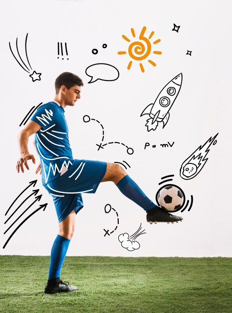 Athlete playing sport with hand drawn doodles