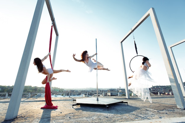 Athletic dancers performing aerial &amp; pole dance on rooftop