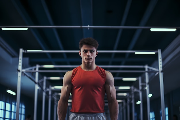 Бесплатное фото Атлетический мужчина, поддерживающий форму, практикуя гимнастику