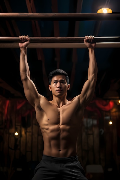 Атлетический мужчина, поддерживающий форму, практикуя гимнастику