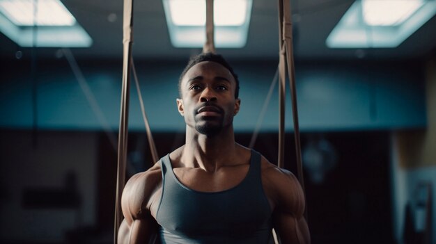 Спортивный мускулистый мужчина тренируется в гимнастике в тренажерном зале