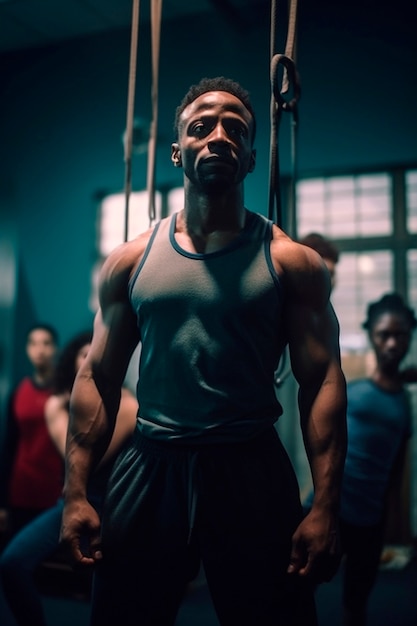 Athletic muscular man training in gymnastics at the gym