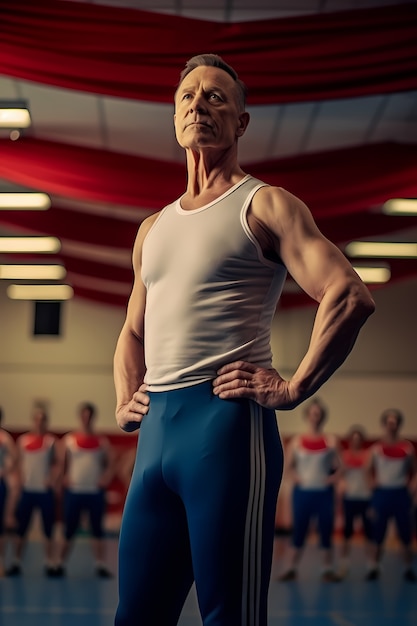 Athletic senior man keeping fit by practicing gymnastics