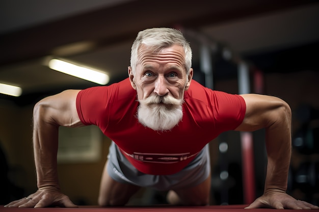 Athletic senior man keeping fit by practicing gymnastics