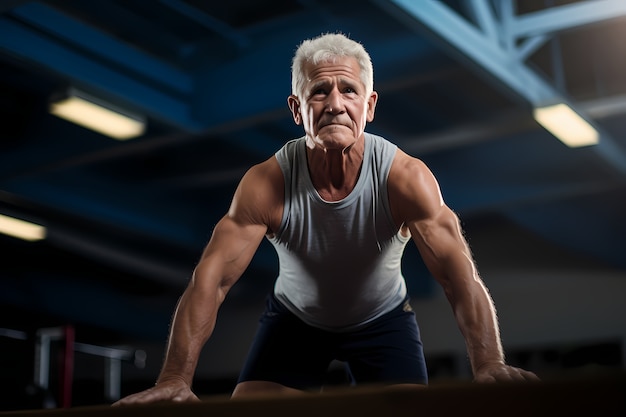 Athletic senior man keeping fit by practicing gymnastics