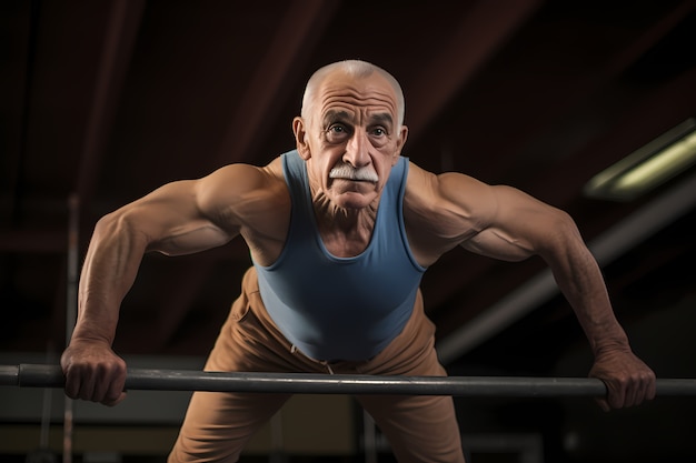 Athletic senior man keeping fit by practicing gymnastics