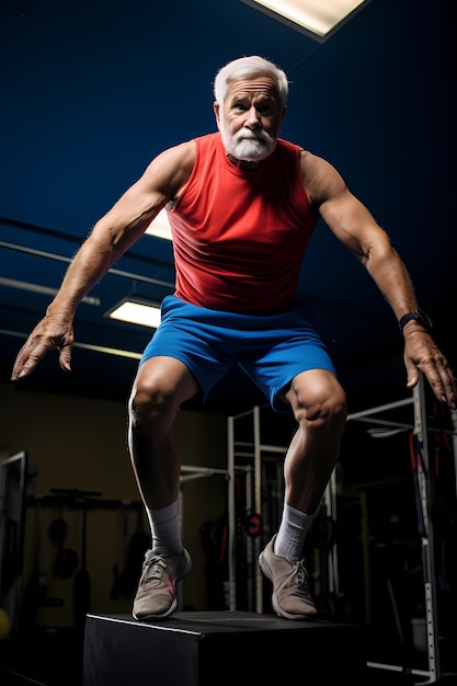 Атлетический старший мужчина, поддерживающий форму, практикуя гимнастику