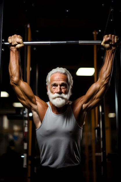 Athletic senior man keeping fit by practicing gymnastics