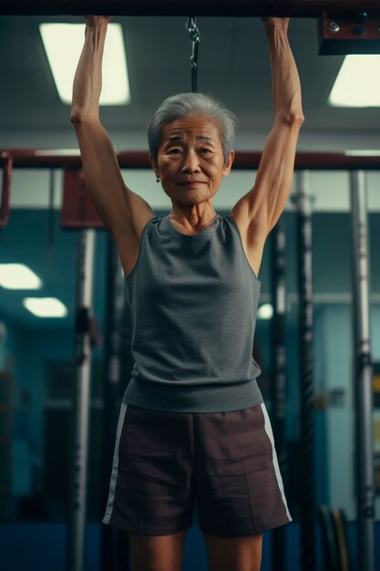 体操でトレーニングする運動の年配の女性
