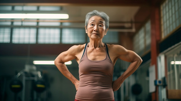 体操でトレーニングする運動の年配の女性