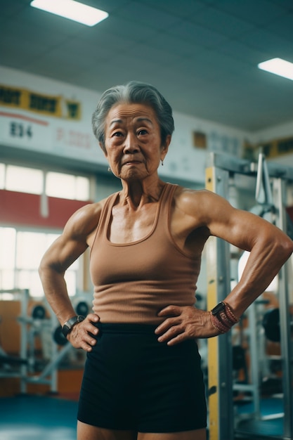 Athletic senior woman training in gymnastics