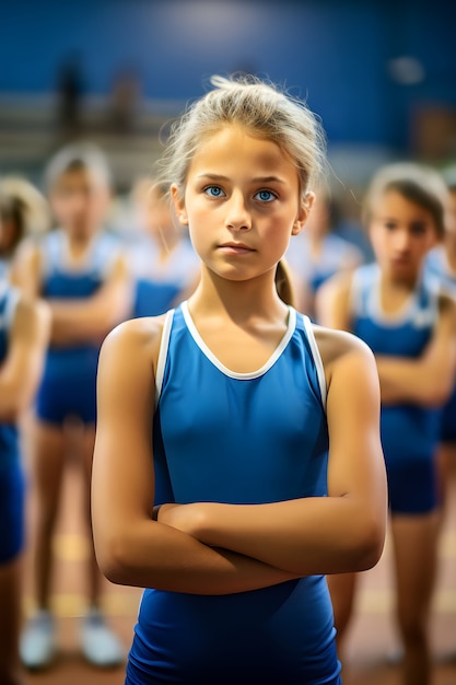 Free photo athletic young girl practicing gymnastics from an early age