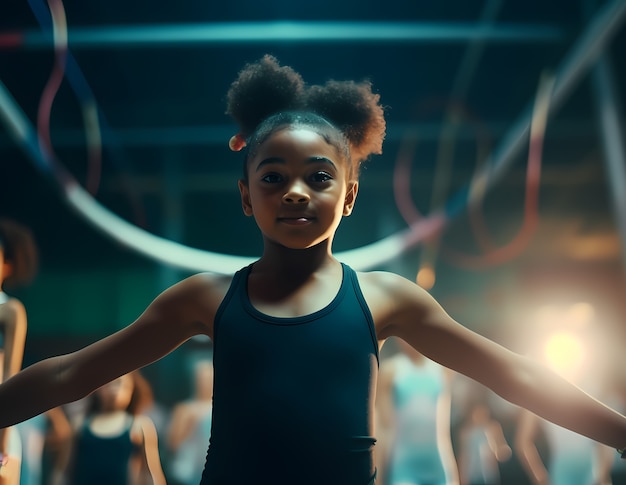 Free photo athletic young girl practicing gymnastics from an early age