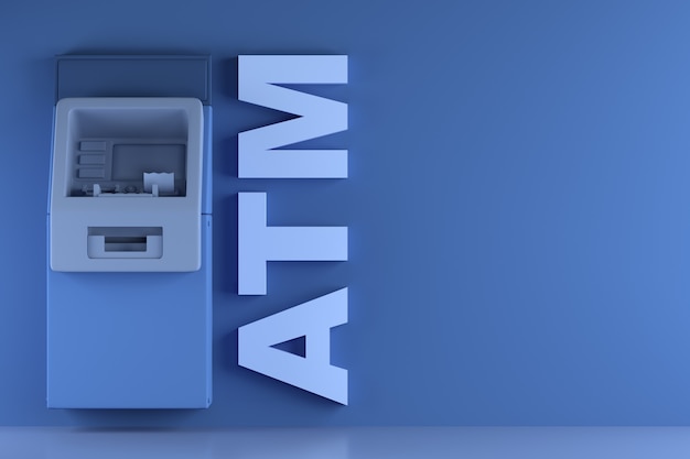 Atm machine against blue wall with copy space. 3d illustration