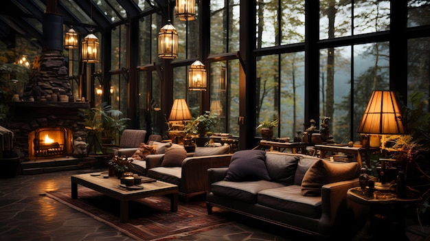 Атмосферный лесной образ гостиной