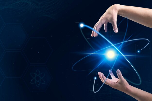 Free photo atom biotechnology nuclear medicine with scientist’s hands digital transformation remix