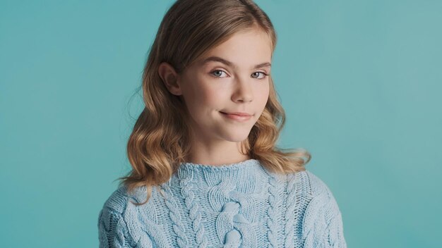 Attractive blond teenage girl raising brow and smirking on camera isolated on blue background Face expression