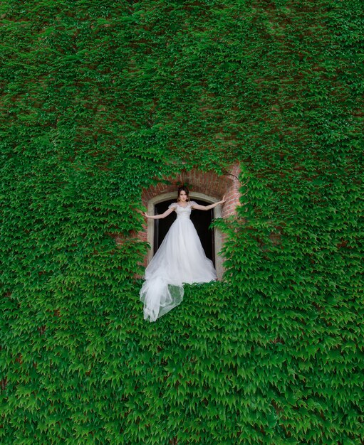 Attractive bride is standing in the hole made in wall covered with green leaves