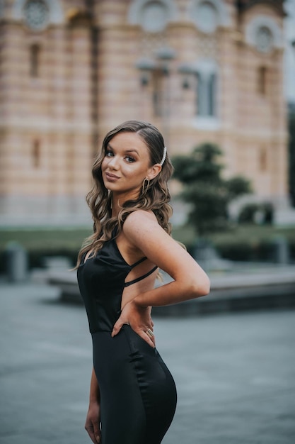 Attractive Caucasian female wearing a beautiful long black dress posing on a street